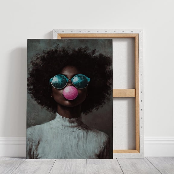 Velto Modern Afrocentric Canvas Art - Bold Bubblegum Pop Portrait with Afro and Sunglasses, Urban Home Accent, SIZE 8x10 INCLUDE Pine Wood Frame 1.25-Inch