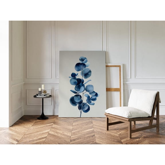 Velto Modern Blue Eucalyptus Minimal Botanical With Round Leaves In Navy Tones For Calm Contemporary Wall Art, Home And Living Room Decor