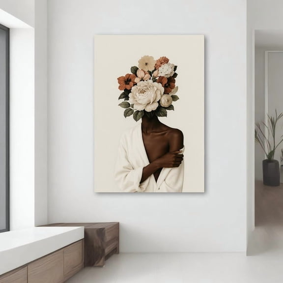 Velto Modern Botanical Portrait Black Woman Flower Head Canvas Print Surreal Elegant Wall Art For Living Room Canvas, 8x10 UNFRAMED