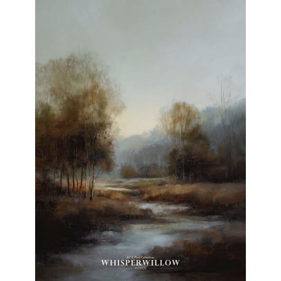 Velto Moody Autumn Countryside Landscape Art, Rustic Fall Nature Wall Decor, Misty Trees River Scene, Peaceful Earth Tone Canvas, 8x12 UNFRAMED