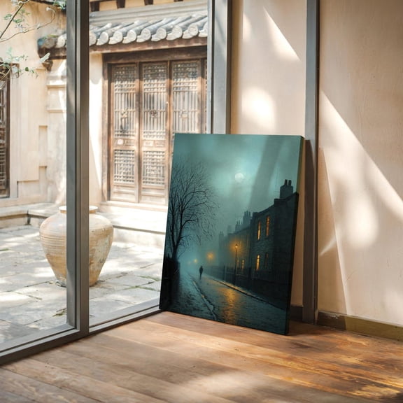 Velto Moody Foggy Night Street Scene Canvas Art - Urban Landscape with Gaslights, Lone Silhouette Walker for Vintage Style, SIZE 16x24 INCLUDE Pine Wood Frame 1.25-Inch