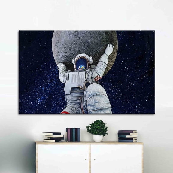 Velto Moon And Astronaut, Moon Canvas Art, Space Landscape Modern Wall Decor, Abstract Art, Starry Sky Art, 12x18 0.75-Inch Pine Wood Frame