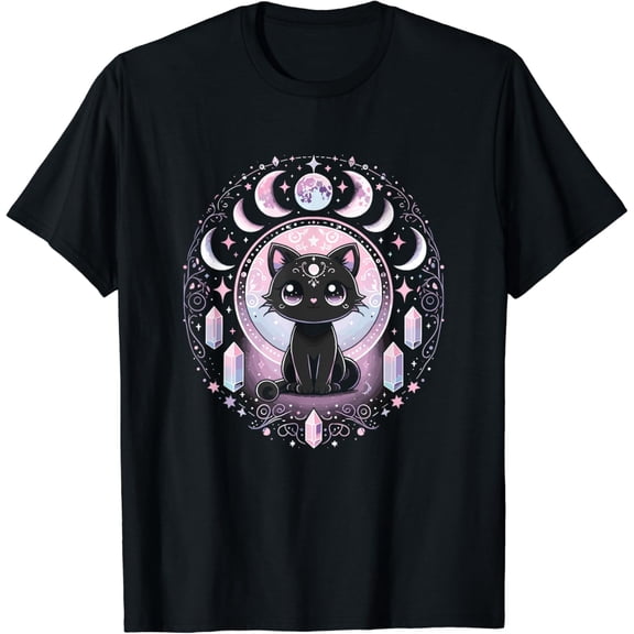Velto Moon Phases Crystal Witchy Cute Black Cat Kawaii Pastel Goth T-Shirt All Size S-5XL
