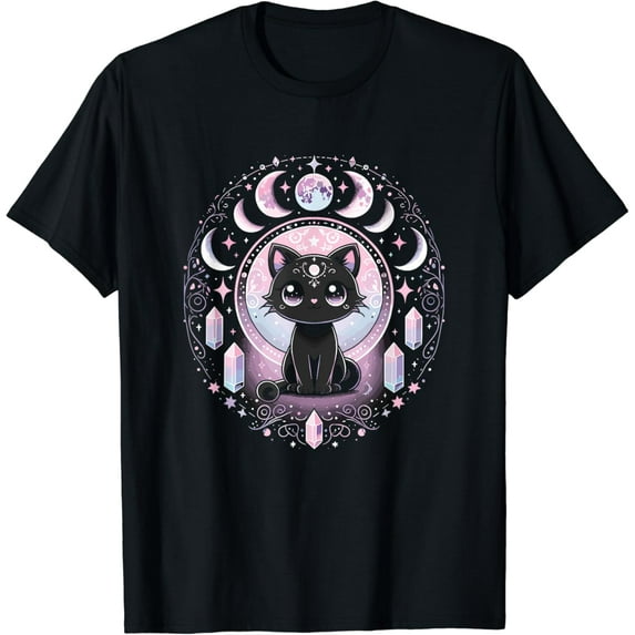 Velto Moon Phases Crystal Witchy Cute Black Cat Kawaii Pastel Goth T-Shirt All Size S-5XL