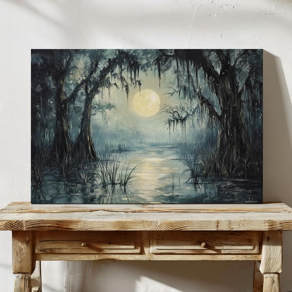 Velto Moonlit Swamp Canvas Art Mystical Enchanted Landscape Atmospheric Nature Scene Rustic Gothic Inspired Wall Decor, SIZE 8x10 INCLUDE Pine Wood Frame 1.25-Inch