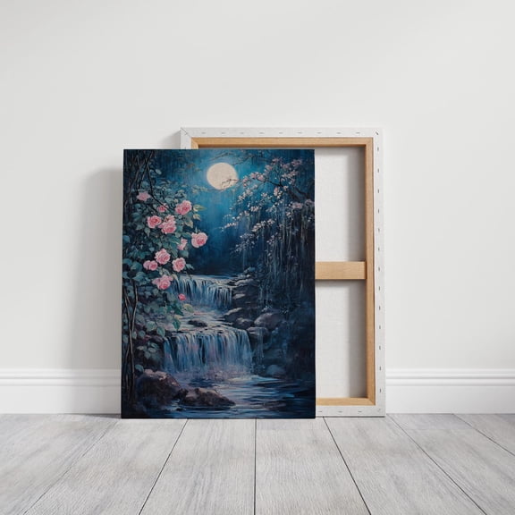 Velto Moonlit Waterfall Canvas Art - Romantic Floral Night Scene With Roses, Tranquil Stream Wall Decor, Mystical Nature Landscape Artwork Canvas, 8x10 0.75-Inch Pine Wood Frame