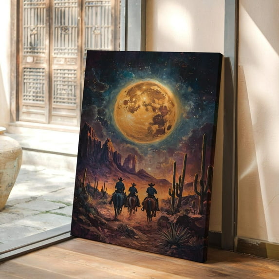 Velto Moonlit Western Desert Canvas Art - Cowboys Under Starry Sky, SIZE 8x10 INCLUDE Pine Wood Frame 1.25-Inch