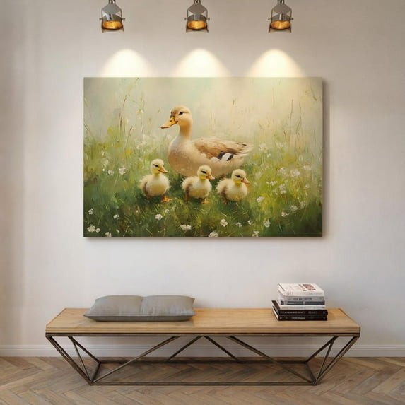 Velto Mother Duck with Ducklings Canvas Art Rustic Spring Farmhouse Wall Decor Animal Nature Theme, SIZE 8x12 INCLUDE Pine Wood Frame 1.25-Inch