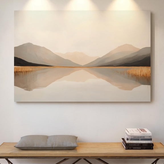 Velto Mountain Reflection Canvas Wall Art Minimalist Neutral Lake Serene Nature Modern Aesthetic, SIZE 16x24 INCLUDE Pine Wood Frame 0.75-Inch