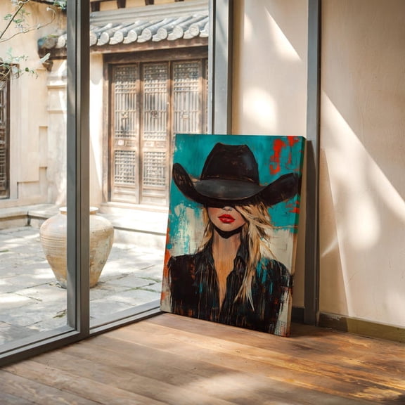 Velto Mysterious Cowgirl Canvas Art - Western Wall Decor, Blonde Woman in Black Hat, Bold Lips, Teal and Red Accents, SIZE 8x10 INCLUDE Pine Wood Frame 1.25-Inch