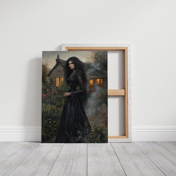 Velto Mysterious Woman In Black Dress By Cottage - Gothic Wall Art With Dark Romantic Atmosphere And Moody Garden Setting Canvas, 8x10 UNFRAMED
