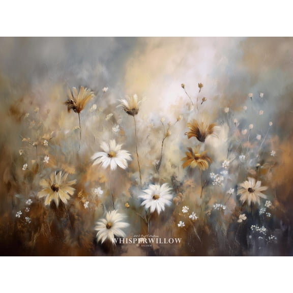 Velto Mystical Abstract Wildflower Field, Rustic Daisy Floral, Neutral Moody Boho Nature, Fall Botanical Decor Canvas, 16x24 0.75-Inch Pine Wood Frame