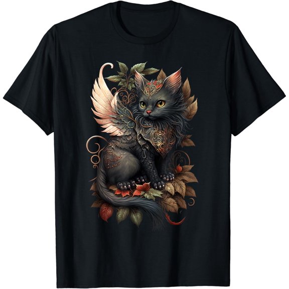 Velto Mystical Black Cat Dragon Fairy: Copper Autumn Whimsy T-Shirt All Size S-5XL