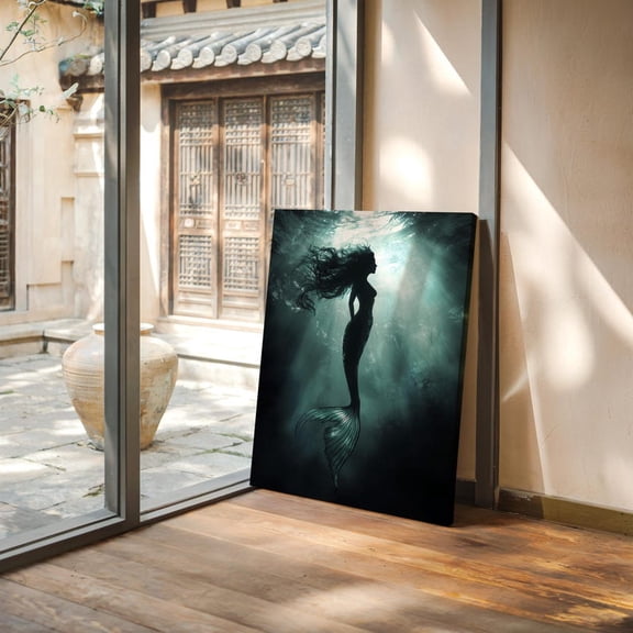 Velto Mystical Mermaid Silhouette Canvas Art Dark Ocean Fantasy Enchanting Coastal Wall Decor, SIZE 8x10 INCLUDE Pine Wood Frame 1.25-Inch