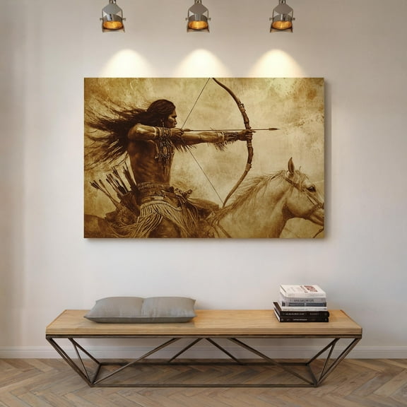Velto Native Warrior Archer on Horseback Vintage Western Canvas Wall Art Rustic Sepia Decor for Boho, Southwest, and Cowboy Themes, SIZE 16x24 INCLUDE Pine Wood Frame 1.25-Inch