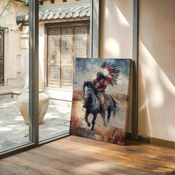Velto Native Warrior on Horseback Canvas – Bold Western Rustic Southwest Wall Art for Indigenous Warrior Decor, SIZE 8x10 INCLUDE Pine Wood Frame 0.75-Inch