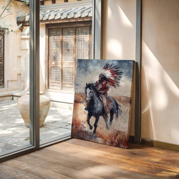 Velto Native Warrior On Horseback Wall Art, Bold Western Rustic Southwest For Indigenous, Living Room And Gallery Wall Decor