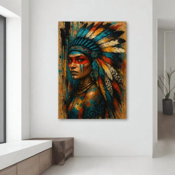 Velto Native Woman Art Feather Headdress Canvas Print Colorful Painterly Portrait Contemporary Indigenous Spiritual Wall Art Canvas, 16x24 UNFRAMED