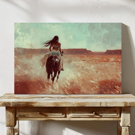 Velto Native Woman Riding Through Desert Plains Canvas Art - Western Boho Rustic Indigenous Horseback, SIZE 16x24 INCLUDE Pine Wood Frame 1.25-Inch