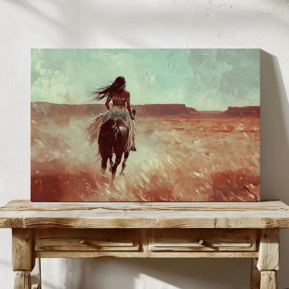 Velto Native Woman Riding Through Desert Plains Wall Art, Western Boho Rustic Indigenous Horseback, Living Room And Gallery Wall Decor