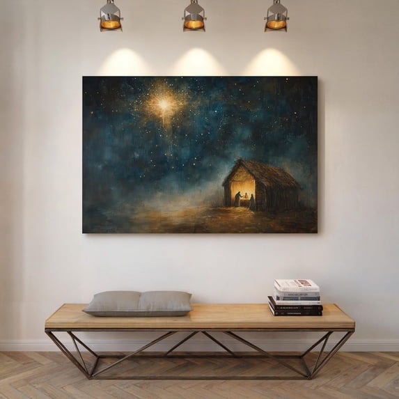 Velto Nativity Barn Scene Canvas Wall Art - Rustic Holiday Decor, Religious Gift for Home or Church, SIZE 16x24 INCLUDE Pine Wood Frame 1.25-Inch