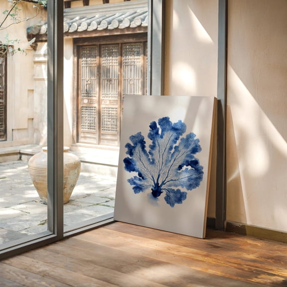 Velto Navy Blue Coral Canvas Art Coastal Ocean Inspired Sea Fan Modern Nautical Wall Decor for Beach House or Bathroom, SIZE 16x24 INCLUDE Pine Wood Frame 1.25-Inch