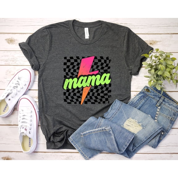 Velto Neon Mama Shirt, Checkered Mama Shirt, Lightning Bolt Shirt, Mothers Day Gift, Retro Checkered Mom Tshirt, MAMA Tee, Gift for Her All Size S-5XL