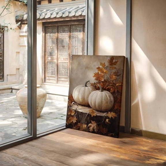 Velto Neutral Pumpkin Canvas Wall Art Rustic Fall Harvest with Cream Pumpkins and Autumn Leaves for Cozy Seasonal Home Decor, SIZE 12x18 INCLUDE Pine Wood Frame 1.25-Inch