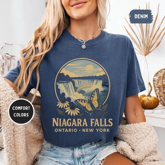 Velto Niagara Falls Shirt - Ontario New York Waterfall Graphic with Butterfly & Wildflowers, Retro Travel Souvenir, 1717 Unisex Tee All Size S-5XL