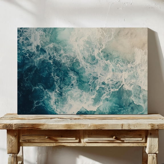 Velto Ocean Wave Canvas Art Abstract Coastal Illustration Modern Blue and Turquoise Beach Inspired Wall Decor, SIZE 8x10 INCLUDE Pine Wood Frame 1.25-Inch