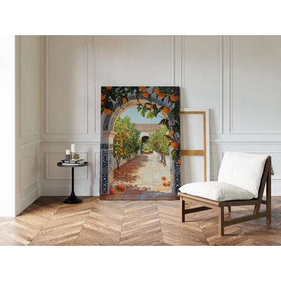 Velto Orange Grove Courtyard Canvas Spanish Tile Archway, Mediterranean Garden Pathway Scene, Vibrant Patio Decor Canvas, 8x12 0.75-Inch Pine Wood Frame