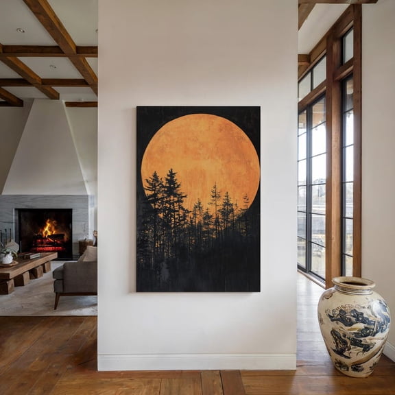 Velto Orange Moon Canvas Wall Art Mystical Forest Night Scene with Silhouetted Trees Celestial Decor, SIZE 12x16 INCLUDE Pine Wood Frame 0.75-Inch