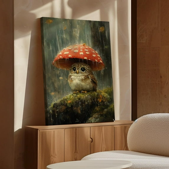 Velto Owl Under Mushroom Canvas Art Whimsical Woodland Wildlife Illustration Rainy Day Forest Inspired Wall Decor, SIZE 16x24 INCLUDE Pine Wood Frame 1.25-Inch