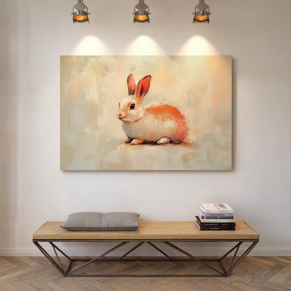 Velto Pastel Bunny Illustration Canvas Art Rustic Rabbit Cottagecore Animal Wall Decor for Nursery or Living Room, SIZE 8x10 INCLUDE Pine Wood Frame 1.25-Inch