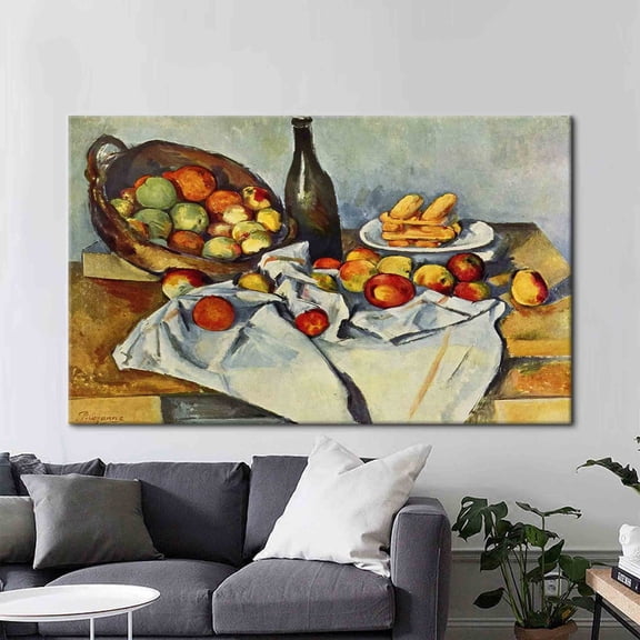 Velto Still Life Fruit And Bottle Canvas - Paul Cézanne Style Art Canvas - Classic Kitchen Wall Decor On Cotton Canvas, 8x10 INCLUDE Pine Wood Frame 1.25-Inch