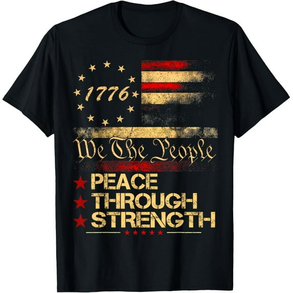 Velto Peace Through Strength Distressed Flag USA Graphic T-Shirt All Size S-5XL