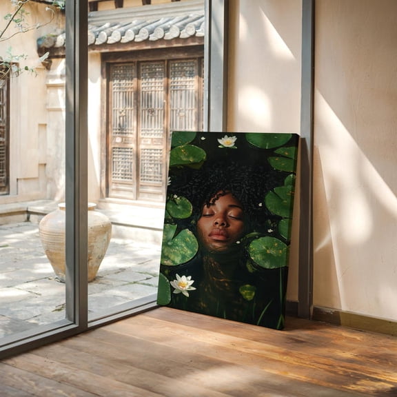 Velto Peaceful Black Woman Floating in Lily Pond – Botanical Water Art, Tranquil Afro Beauty, Serene Self-Care Spa Decor canvas, SIZE 8x12 INCLUDE Pine Wood Frame 0.75-Inch
