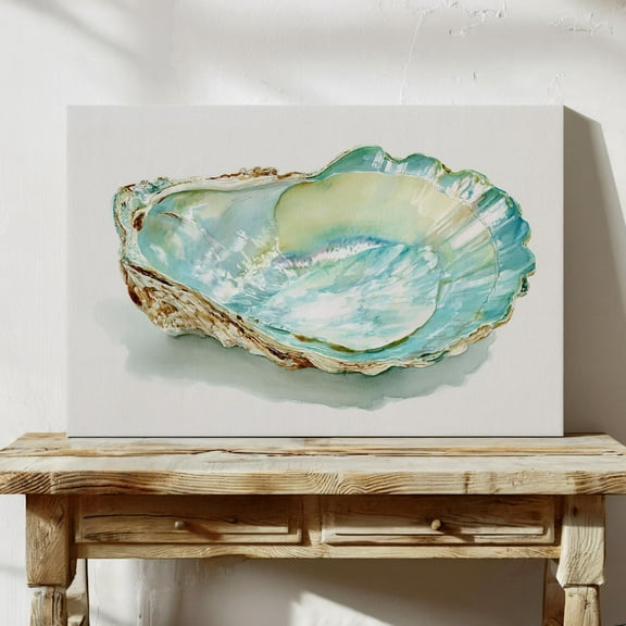 Velto Pearlescent Oyster Shell Canvas | Coastal Beach House Wall Art In Aqua And Sand Tones | Elegant Nautical Shell Canvas, 8x12 UNFRAMED
