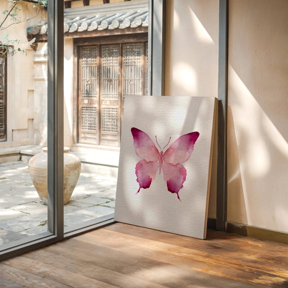 Velto Pink Butterfly Canvas Art Symmetrical Insect Design Feminine Minimal Nature Inspired Wall Decor for Nursery or Bedroom, SIZE 8x10 INCLUDE Pine Wood Frame 1.25-Inch