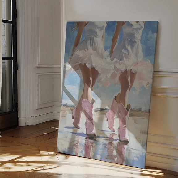 Velto Pink Cowgirl Boots Canvas Art Country Girls Western Decor Feminine Rustic Style Beach Reflection Wall Art, SIZE 8x10 INCLUDE Pine Wood Frame 1.25-Inch