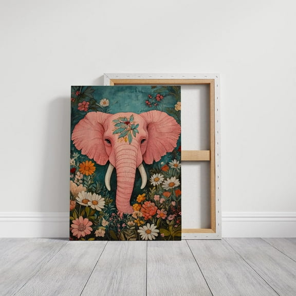 Velto Pink Elephant Floral Canvas - Vibrant Boho Wall Art With Wildflowers And Foliage, Perfect For Bold Eclectic Decor And Animal Lovers' Homes Canvas, 8x10 UNFRAMED