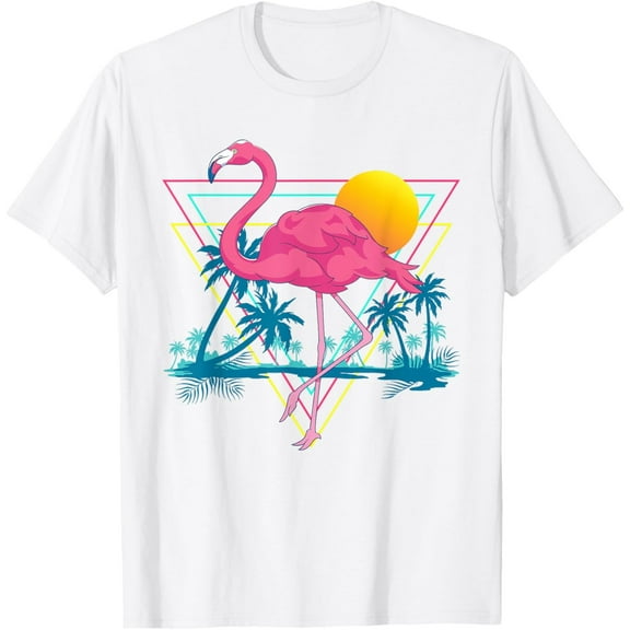 Velto Pink Flamingo Beach Summer Vibes Palm Trees Tropical Summer T-Shirt All Size S-5XL