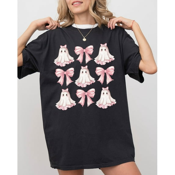 Velto Pink Ghost Bow Ribbon Coquette Cute Girly Spooky Graphic T-Shirt Seasonal Style Fullsize S-5XL Shirt
