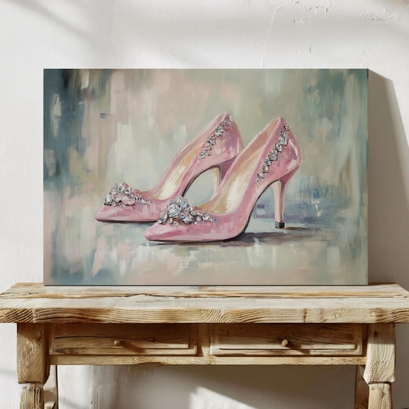 Velto Pink Heels Canvas, Elegant Shoe Wall Art, Glamorous Fashion Artwork for Feminine Home Decor, SIZE 8x10 INCLUDE Pine Wood Frame 1.25-Inch