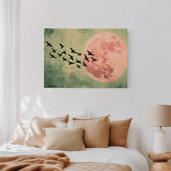Velto Pink Moon Wall Art - Celestial Bird Flock Canvas - Vintage Boho Moon - Mystical Nature Decor - Lunar Wall Art - Zen Home, SIZE 8x12 INCLUDE Pine Wood Frame 0.75-Inch