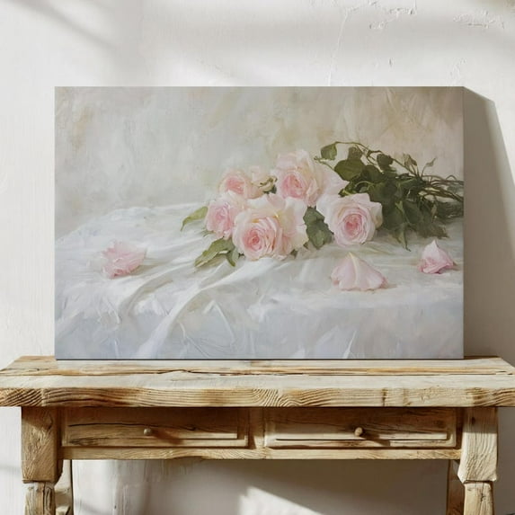 Velto Pink Roses Canvas, Vintage Floral Wall Art, Romantic Elegant Flower Illustration Decor, SIZE 16x24 INCLUDE Pine Wood Frame 1.25-Inch