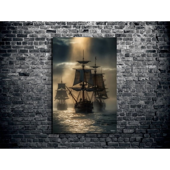 Velto Pirate Ships Sailing Canvas Art, Three Pirate Ships Cruising In The Evening Fog Canvas Extra 1.5" Canvas, 16x24 0.75-Inch Pine Wood Frame