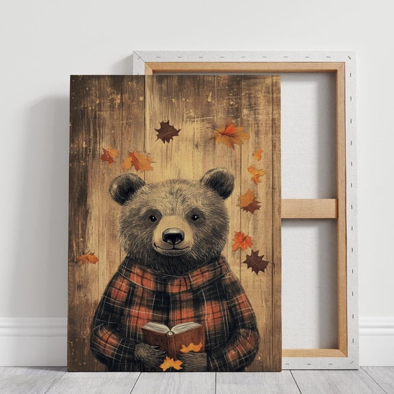 Velto Plaid Bear Reading Canvas – Cozy Woodland Fall Decor with Falling Leaves, SIZE 12x16 INCLUDE Pine Wood Frame 0.75-Inch