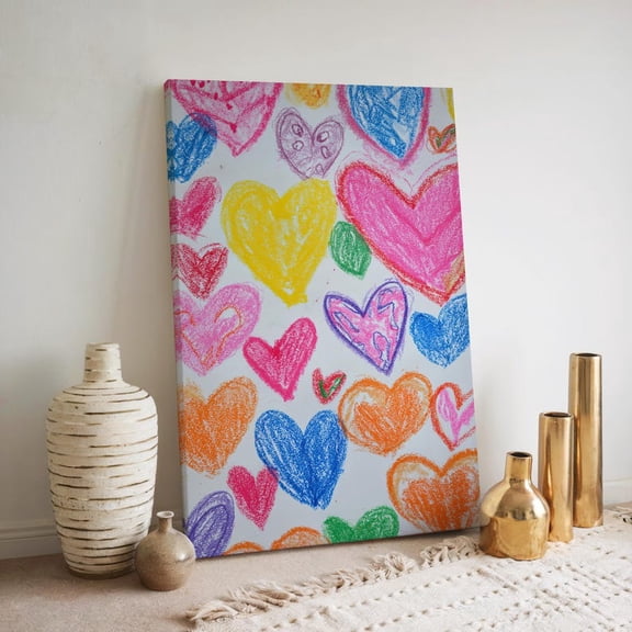Velto Playful Heart Canvas Wall Art Whimsical Crayon Love Illustration Colorful Inspired Home Decoration, SIZE 8x10 INCLUDE Pine Wood Frame 1.25-Inch