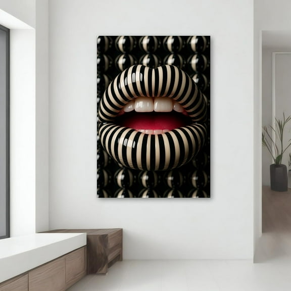 Velto Pop Art Lips Canvas Print - Striped Woman Wall Art, Black & Beige Modern Home Decor, Optical Illusion, Statement Piece Canvas, 12x18 UNFRAMED